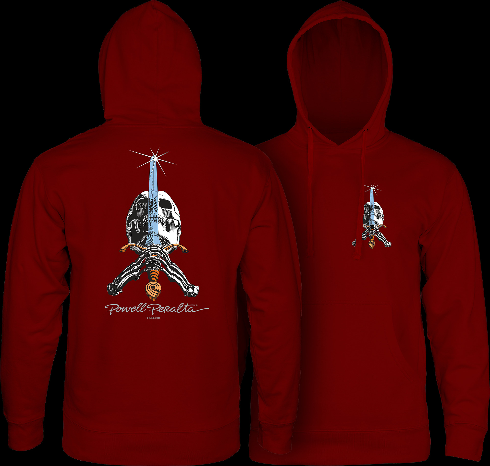 古着ヴィンテージPOWELL PERALTA スカル&ソード　パーカー　サイズM Powell Peralta Skull & Sword Hooded Sweatshirt Mid Weight Maroon